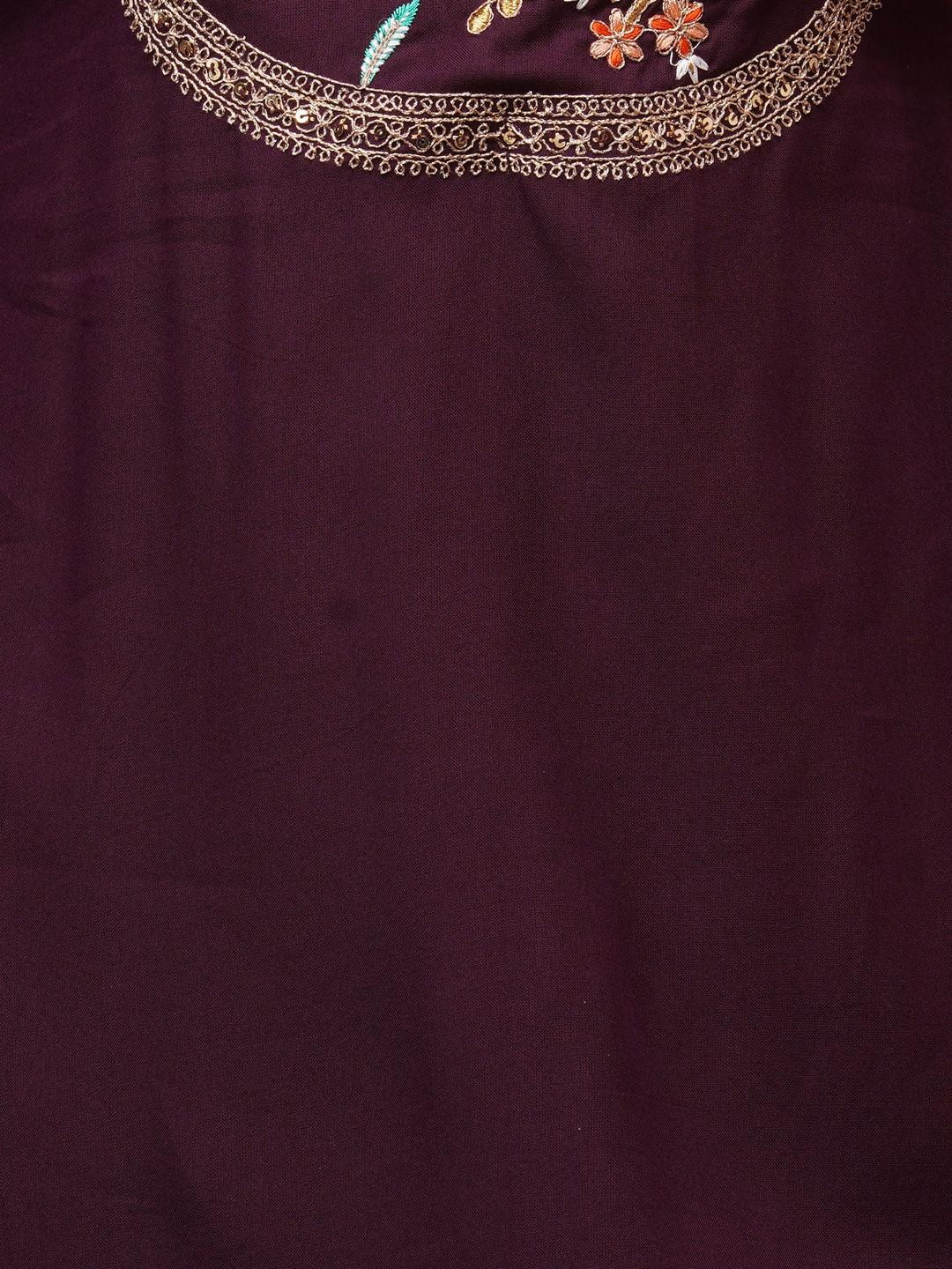 Floral Embroidered & Minimal Printed Straight Kurta - Plum Purple - Indiakreations