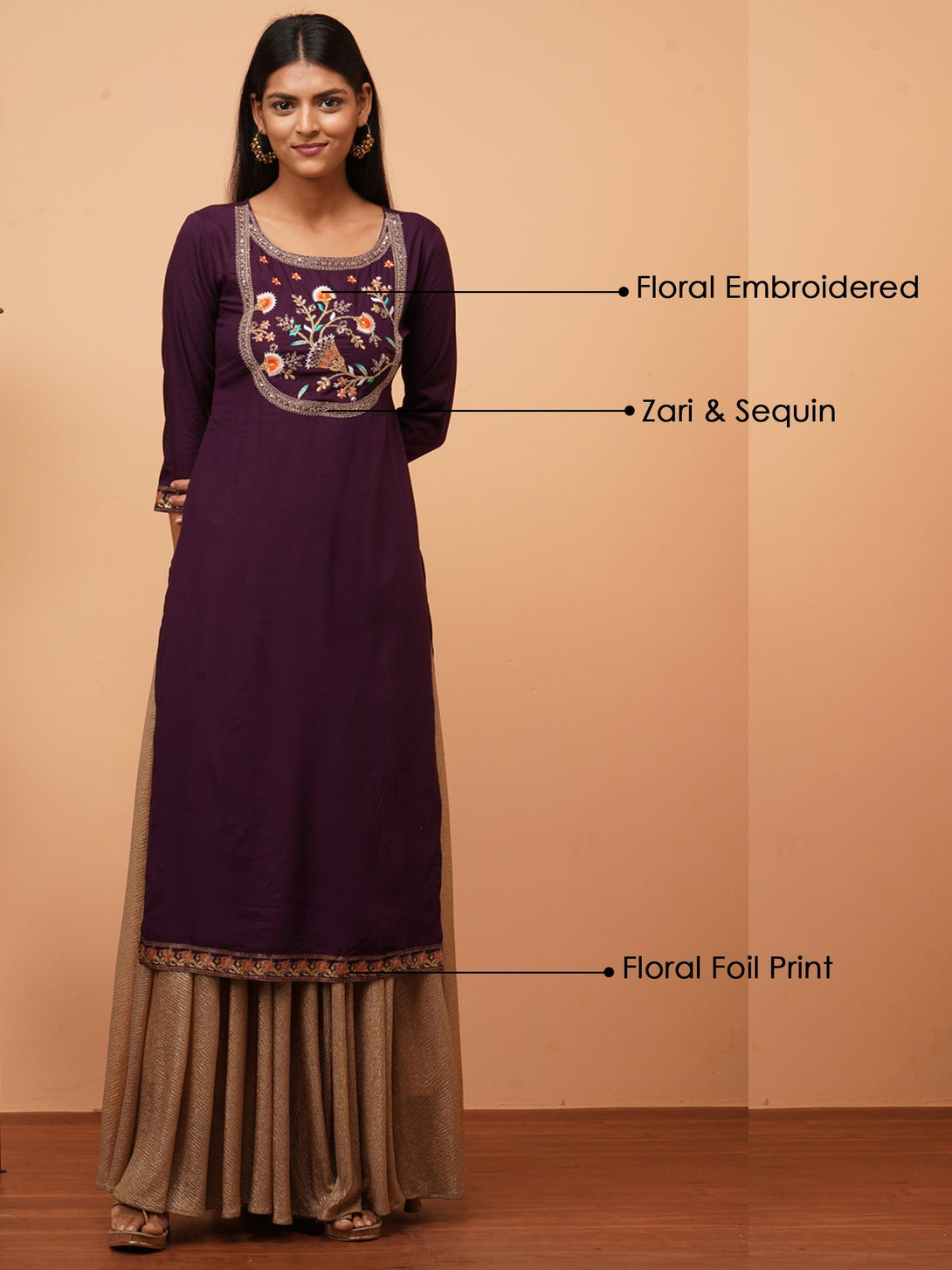 Floral Embroidered & Minimal Printed Straight Kurta - Plum Purple - Indiakreations