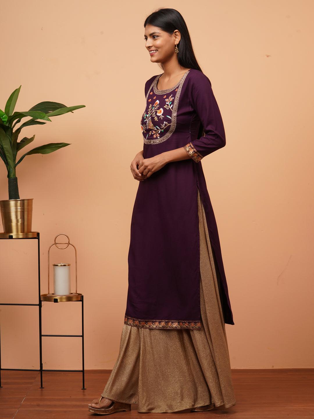 Floral Embroidered & Minimal Printed Straight Kurta - Plum Purple - Indiakreations