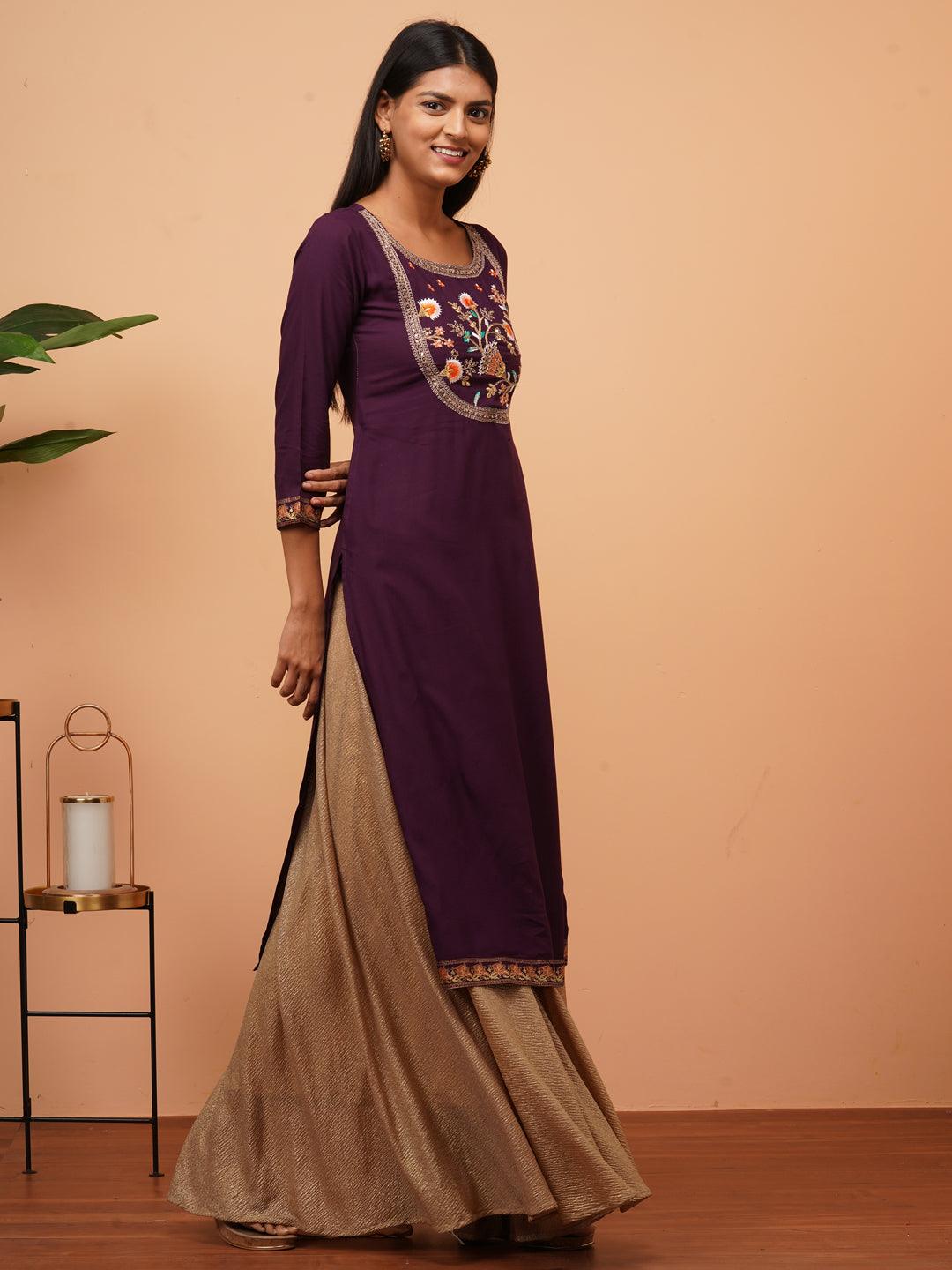 Floral Embroidered & Minimal Printed Straight Kurta - Plum Purple - Indiakreations