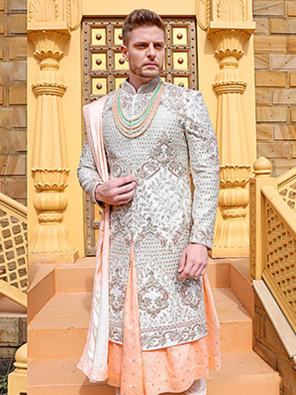 White & Orange Charming Mens Sherwani Enriched With Print & Ethnic Motifs