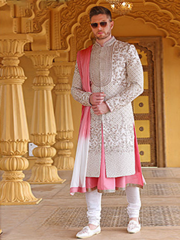 Exquisite White & Peach Mens Silk Sherwani With Golden Woven Work