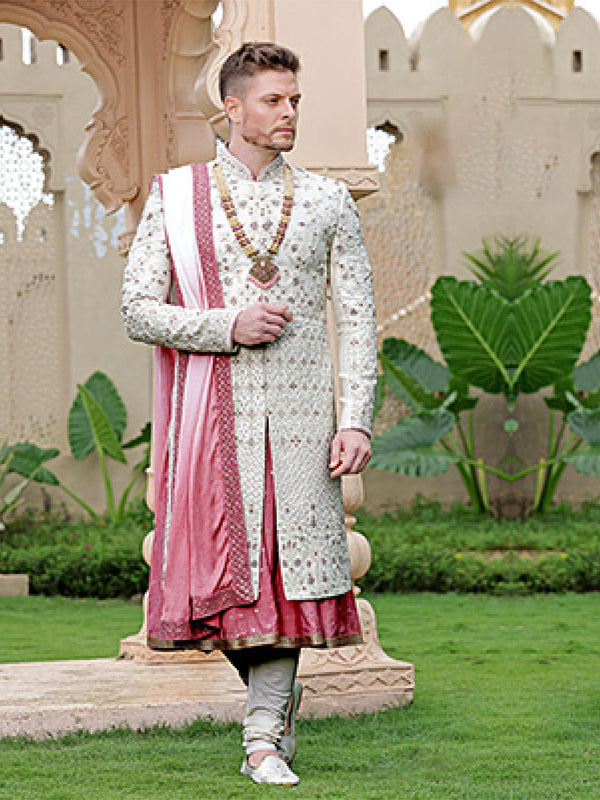 Exquisite White & Pink Mens Silk Sherwani Elevated With Traditional Ethnic Motifs