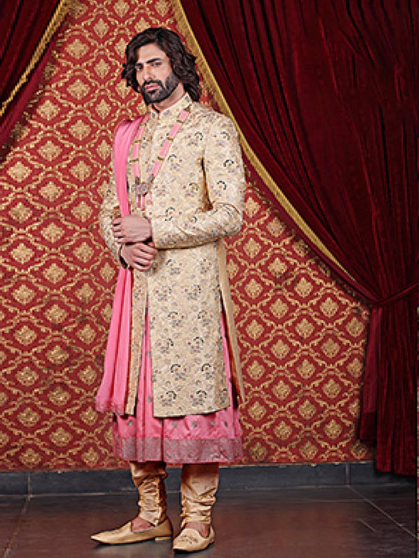 Golden & Pink Color Coordinated Mens Designer Sherwani