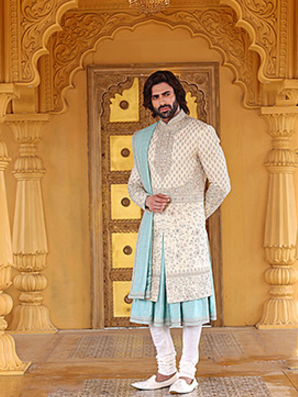 Groom's Printed Sherwani In White & Sky Blue With Minimal Embroidery