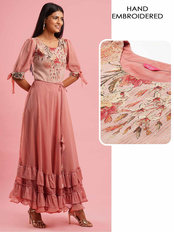 Floral Printed & Sequin Embroidered Maxi Dress - Rose Dawn - Indiakreations