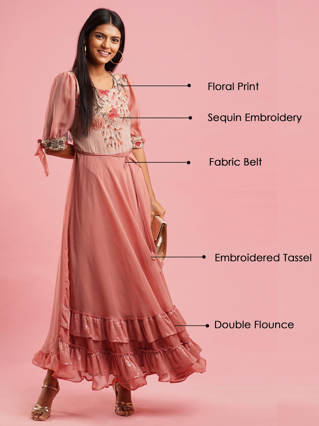 Floral Printed & Sequin Embroidered Maxi Dress - Rose Dawn - Indiakreations