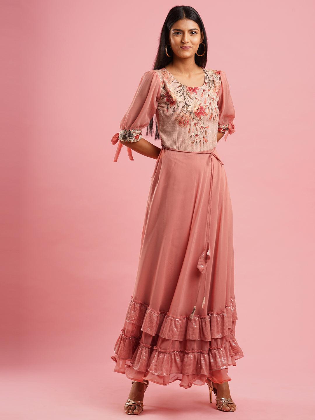 Floral Printed & Sequin Embroidered Maxi Dress - Rose Dawn - Indiakreations