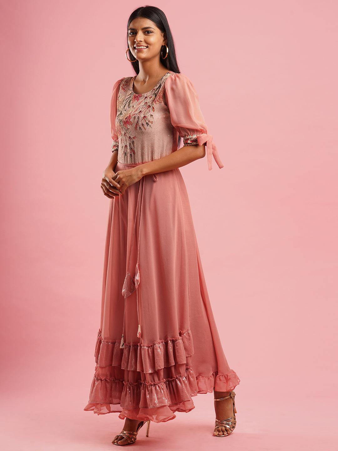 Floral Printed & Sequin Embroidered Maxi Dress - Rose Dawn - Indiakreations