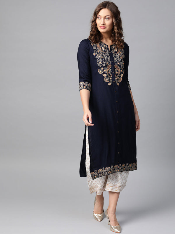 Anubhutee Women Navy Blue Paisley Floral Embroidery Kurta Set