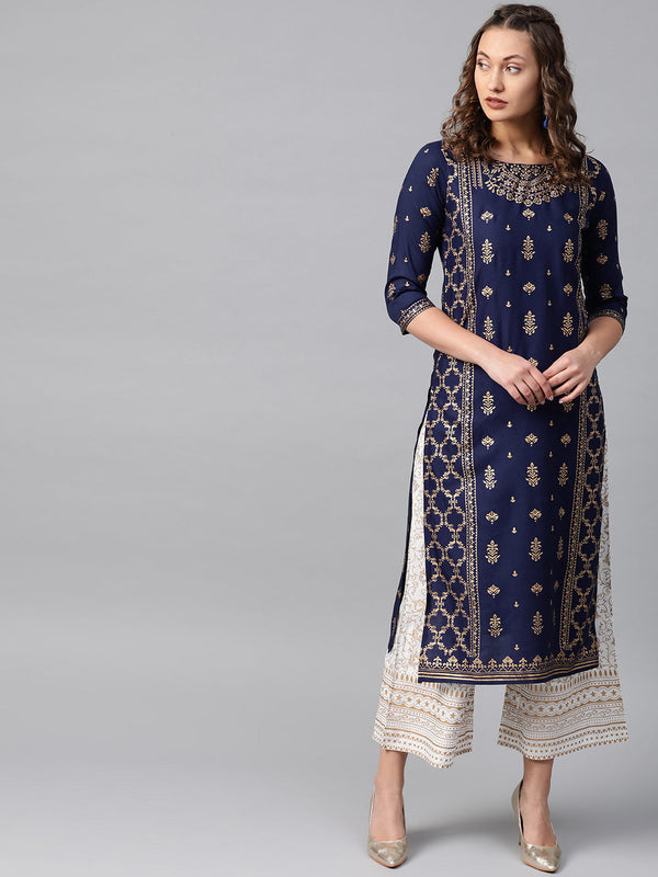 Anubhutee Navy Blue Foil Print A-Line Viscose Kurta with Palazzos