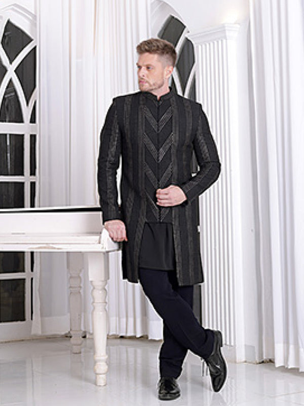 Classy Chevron Designed Mens Silk Black Jodhpuri Set