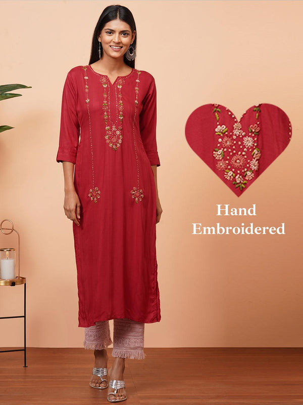 Floral Hand Embroidered Straight Kurta - Red - Indiakreations