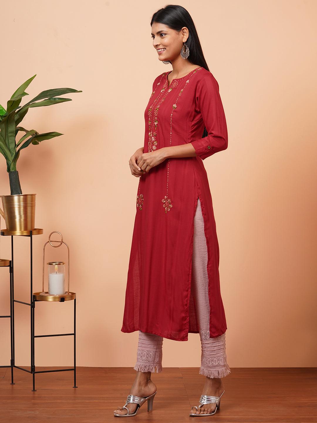 Floral Hand Embroidered Straight Kurta - Red - Indiakreations