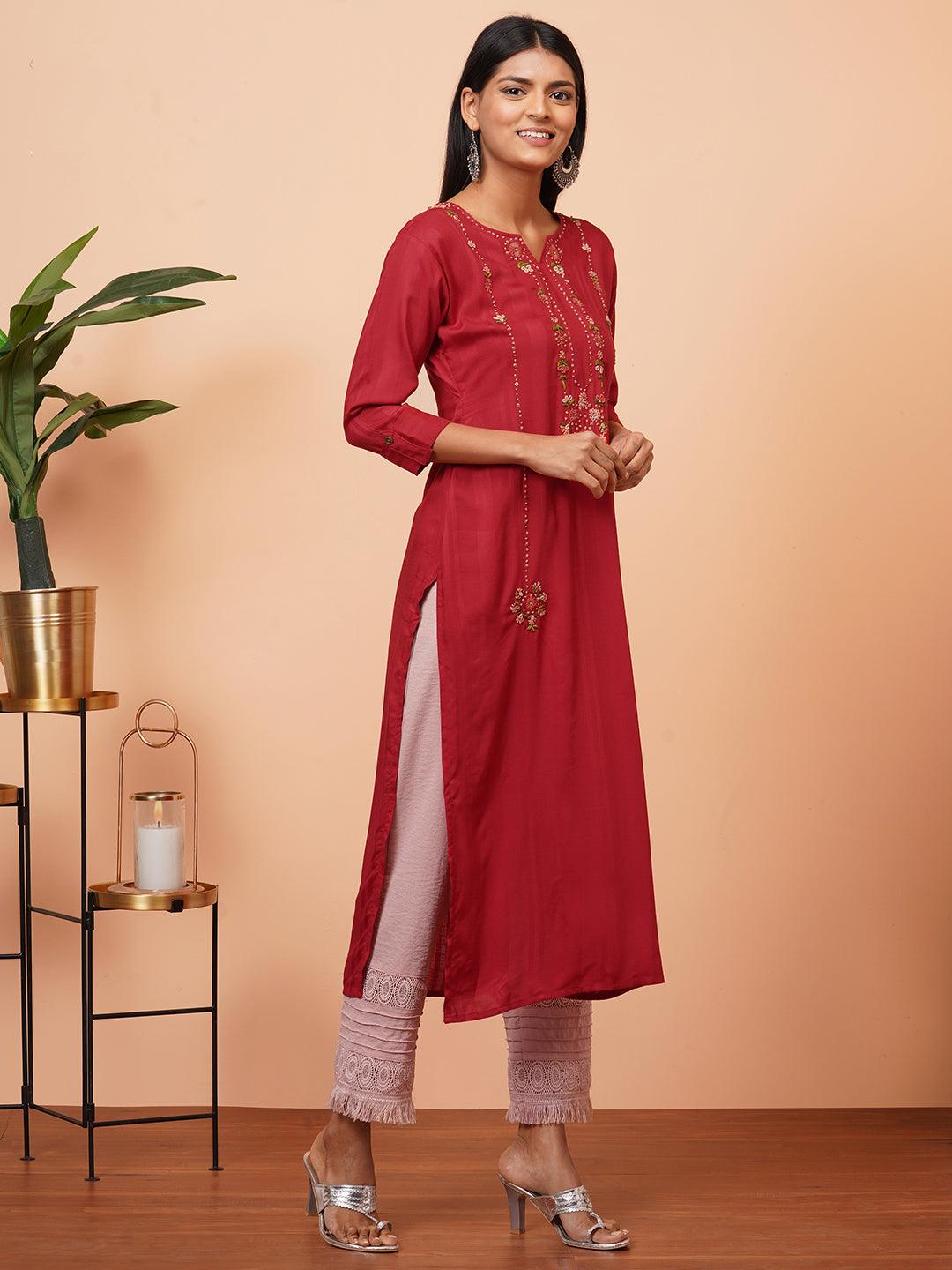 Floral Hand Embroidered Straight Kurta - Red - Indiakreations