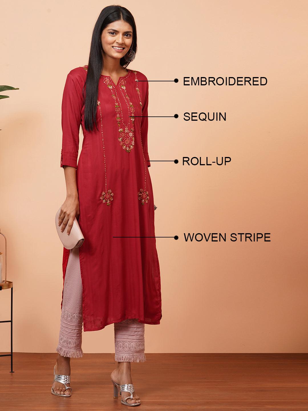 Floral Hand Embroidered Straight Kurta - Red - Indiakreations