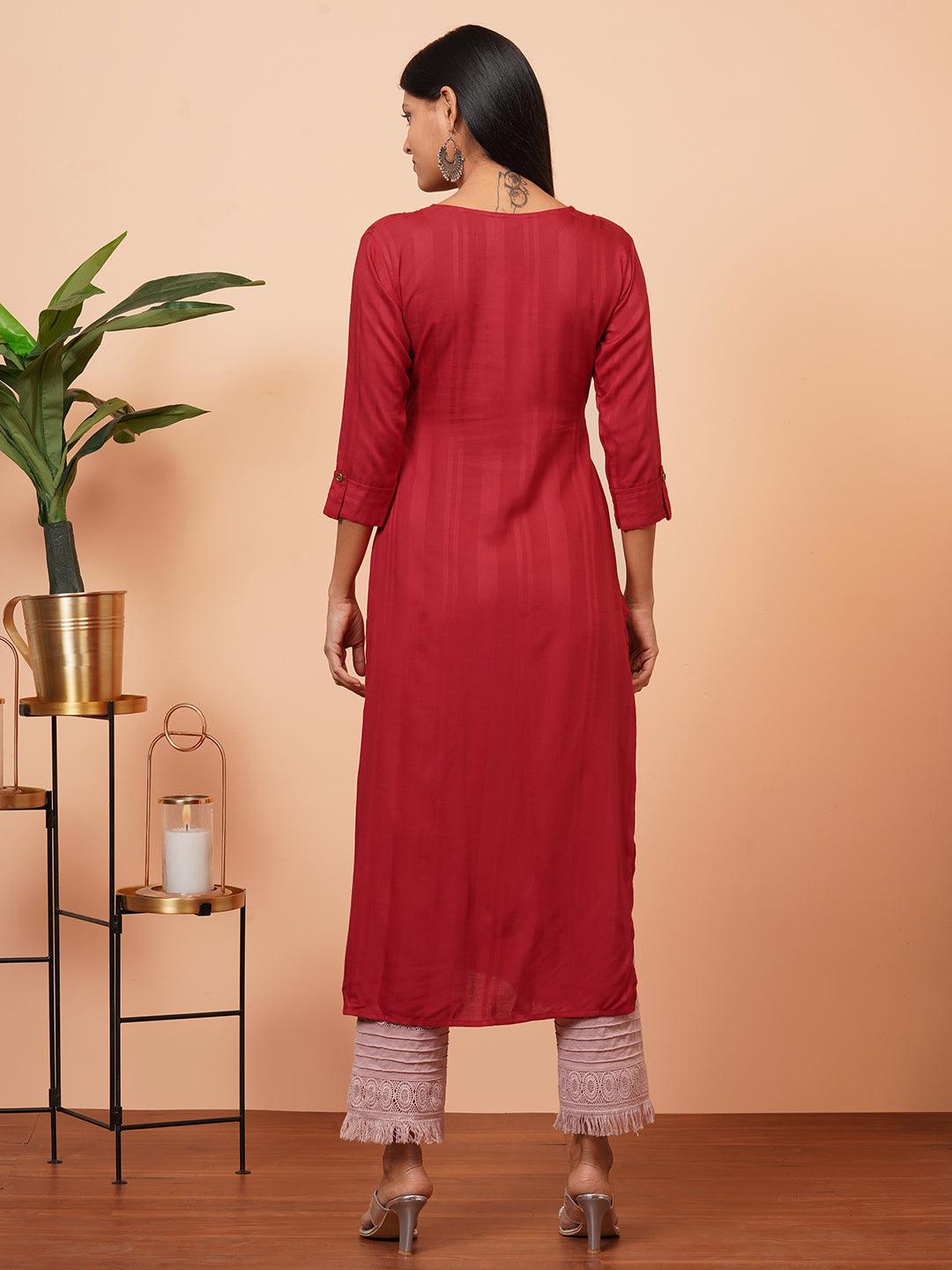 Floral Hand Embroidered Straight Kurta - Red - Indiakreations