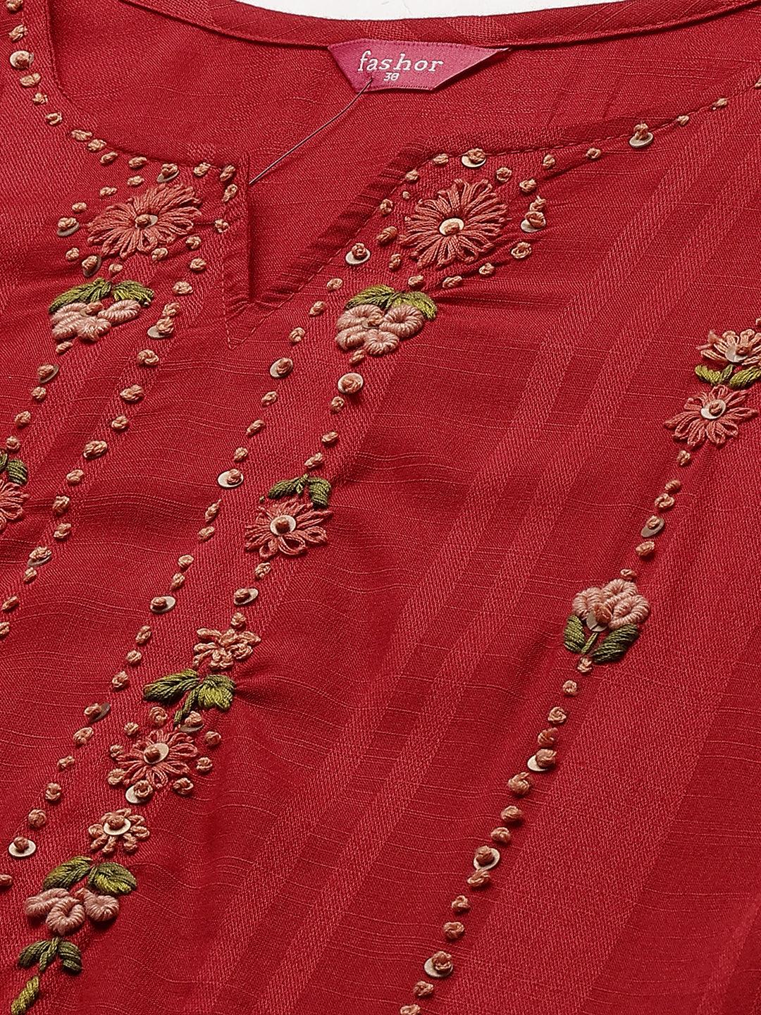 Floral Hand Embroidered Straight Kurta - Red - Indiakreations