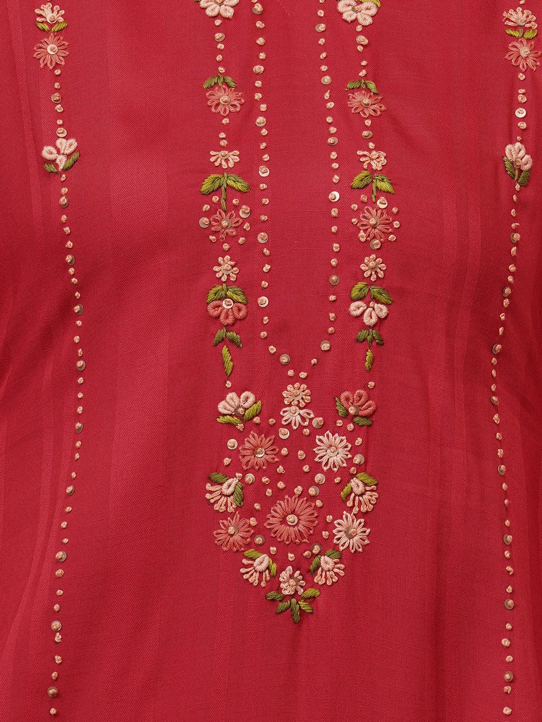 Floral Hand Embroidered Straight Kurta - Red - Indiakreations