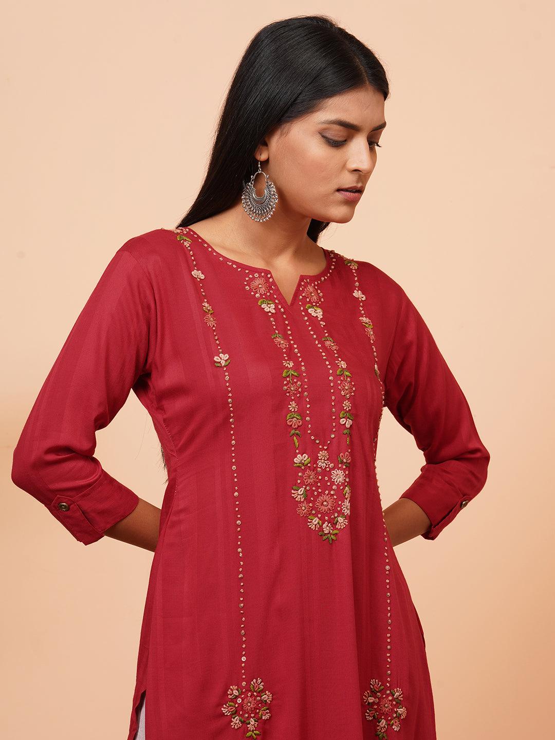 Floral Hand Embroidered Straight Kurta - Red - Indiakreations