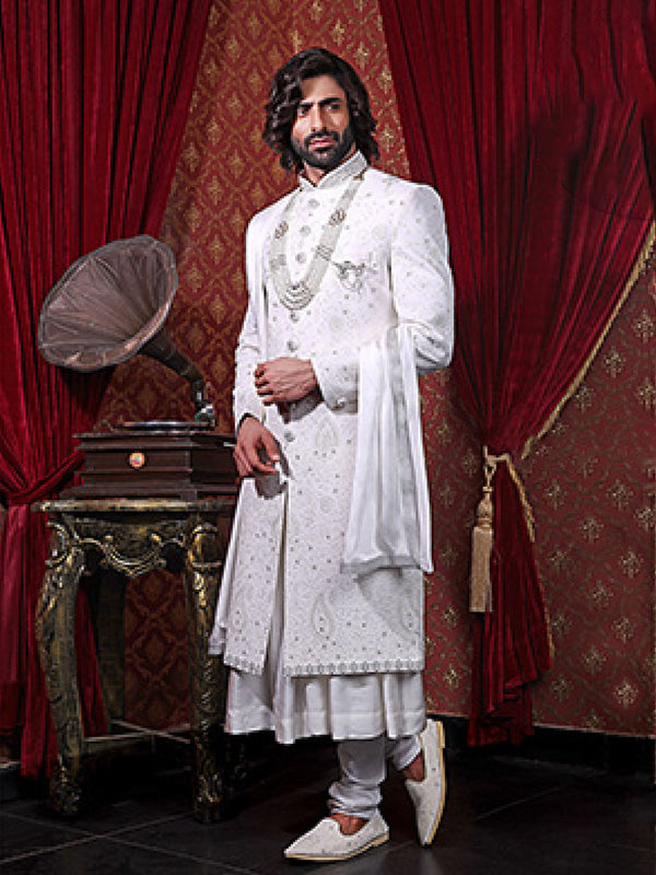 White Sophisticated Silk Designer Sherwani For Men Exclusively