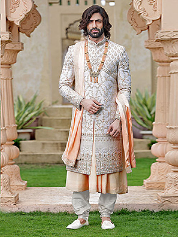 White & Orange Charming Mens Sherwani Enriched With Print & Ethnic Motifs