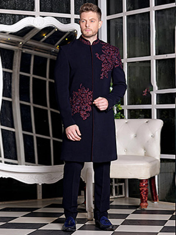 Bold Dark Blue Mens Sherwani Set Enriched With Minimal Embroidery