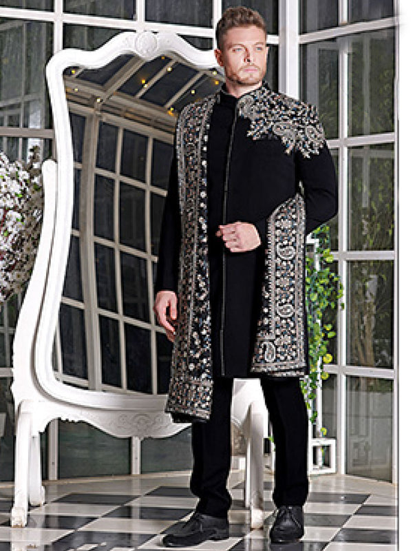 Elegant Black Mens Sherwani Set Adorned With Rich White Embroidery