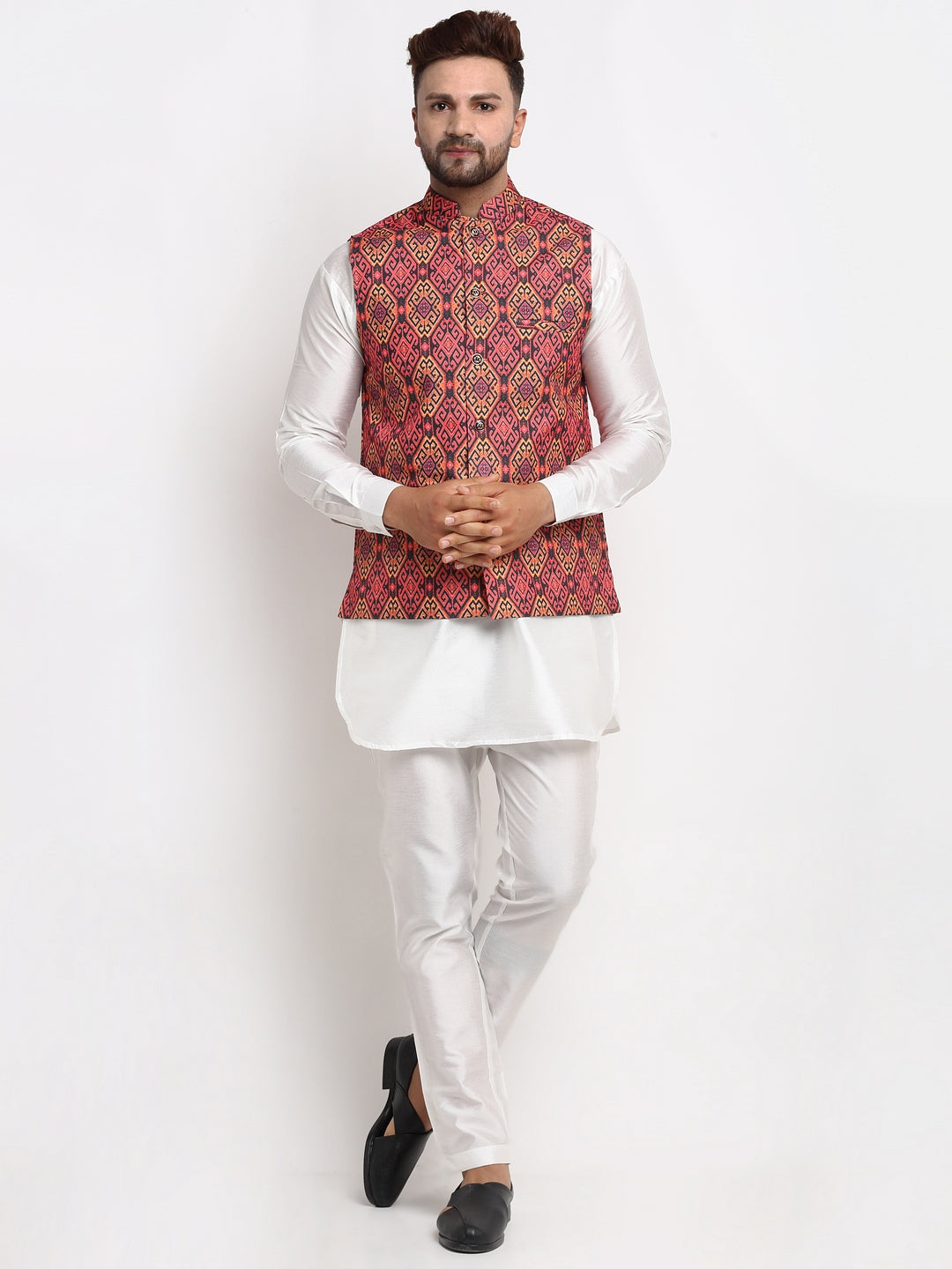 Men's Silk Blend White Kurta With Pyjama & Rust Printed Nehru Jacket - Benstoke