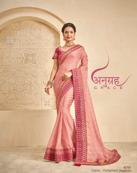Gorgeous Trendy Patterned Organza Designer Saree In Peach - Indiakreations