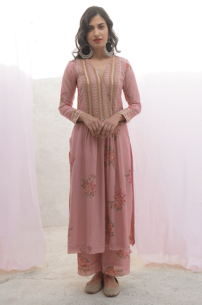 Ambara Soft Pink digital printed yoke kurta with palazzo and mint dupatta - RTS - Indiakreations