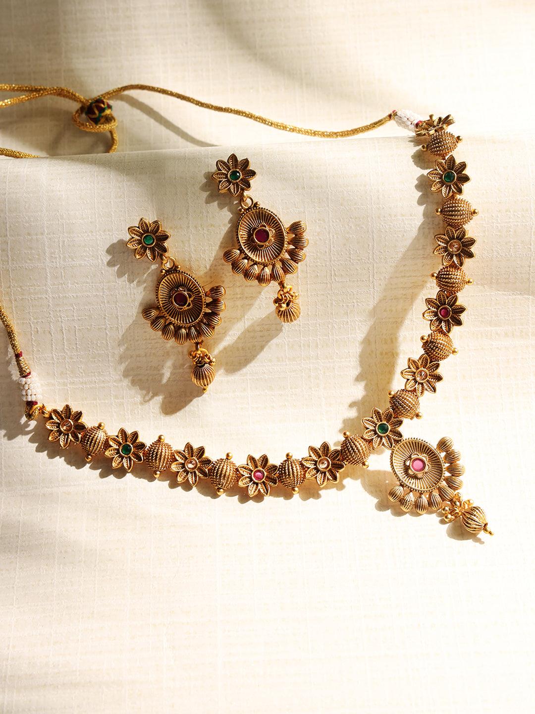 Women's Red & Green Gold-Plated Stone-Studded Handcrafted Jewellery Set - Jazz and Sizzle - Indiakreations