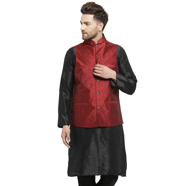 Men's Maroon Solid Nehru Jacket - Benstoke - Indiakreations