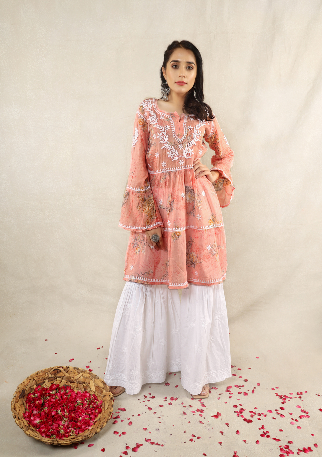 Eliza Mul Printed Kurta with Chikankari embroidery and mulmul cotton  in coral colour