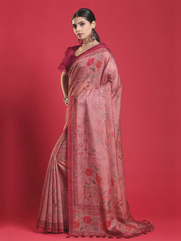 Alluring Dark Pink Pashmina Saree with Floral Print all over