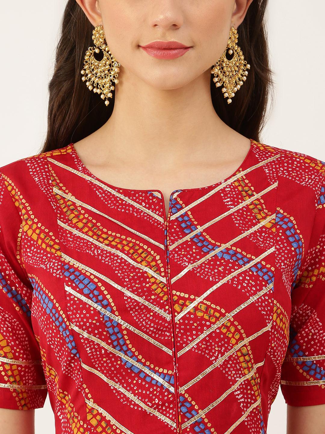 Women's 2 piece set Maroon kurta with dupatta flared kurta has placement gota detailing in yoke V neck - The Fab Factory - Indiakreations