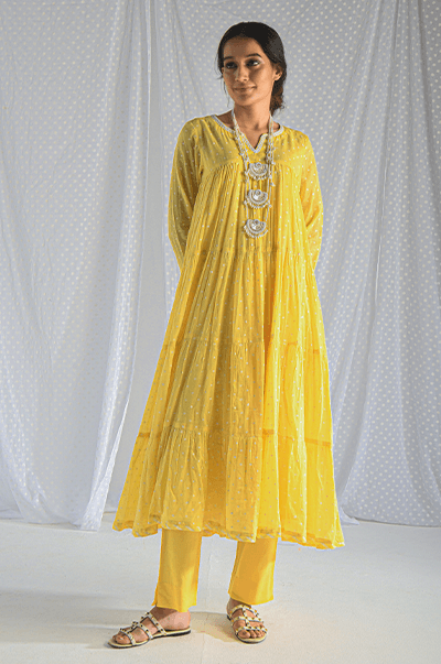 Chhaya Yellow Dot Printed Anarkali with Pant - Set 2 - Indiakreations