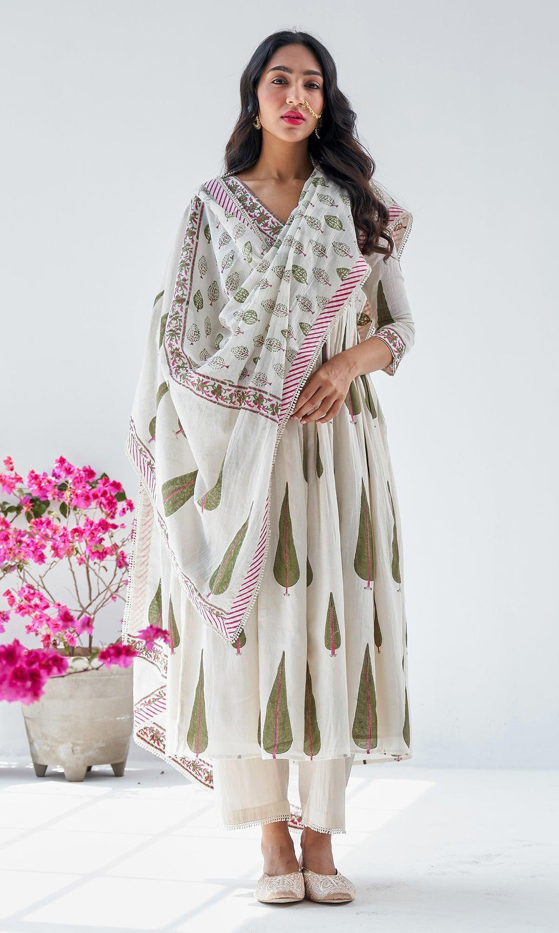 Firdaus Mughals Off White Block Printed Anarkali with Pants and Dupatta - Set of 3 RTS - Indiakreations