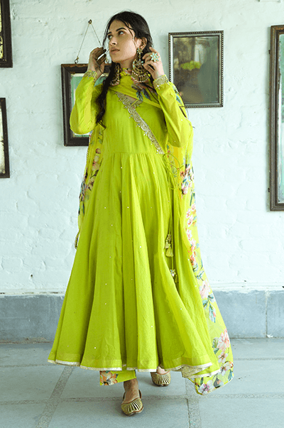 Bhanvara Neon Green Anarkali with printed palazzo and dupatta - Set of 3 - RTS - Indiakreations