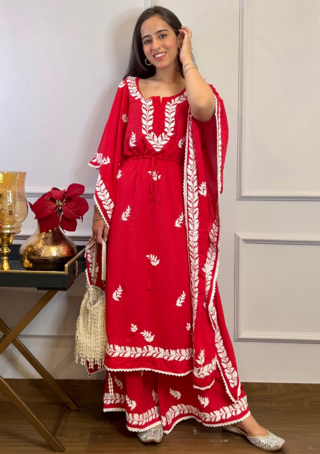 Afreen kaftan set with Chikankari embroidery and modal cotton in red colour