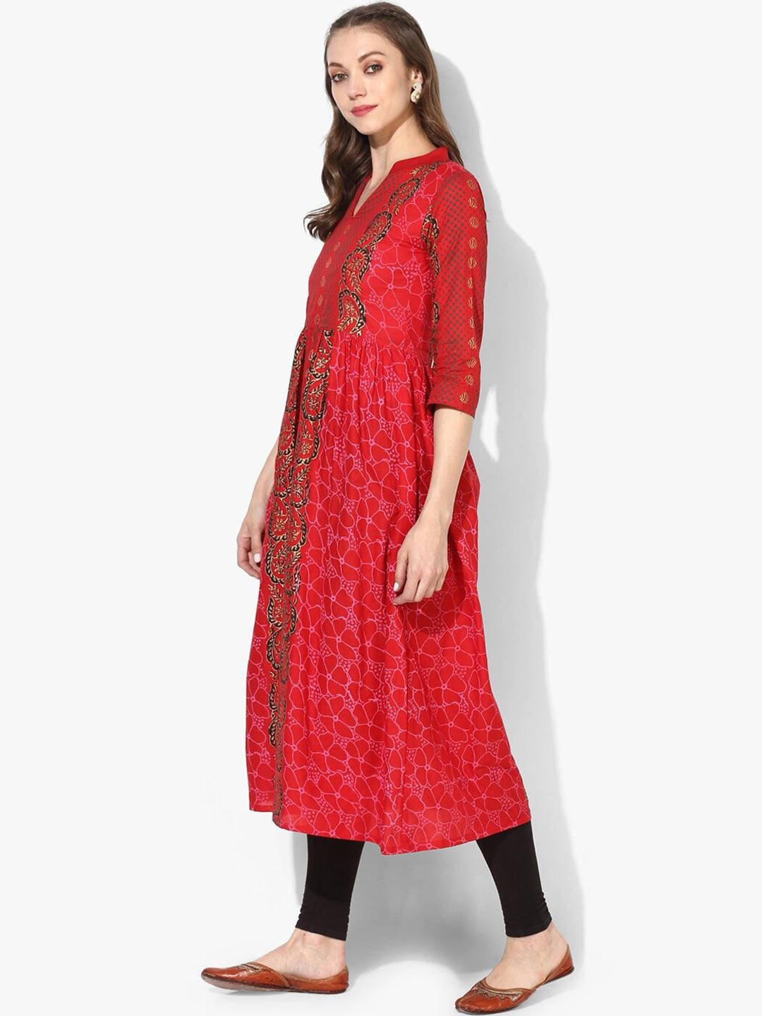 Women's Red Ethnic Motifs Printed Block Print Cotton Anarkali Kurta - Noz2Toz - Indiakreations