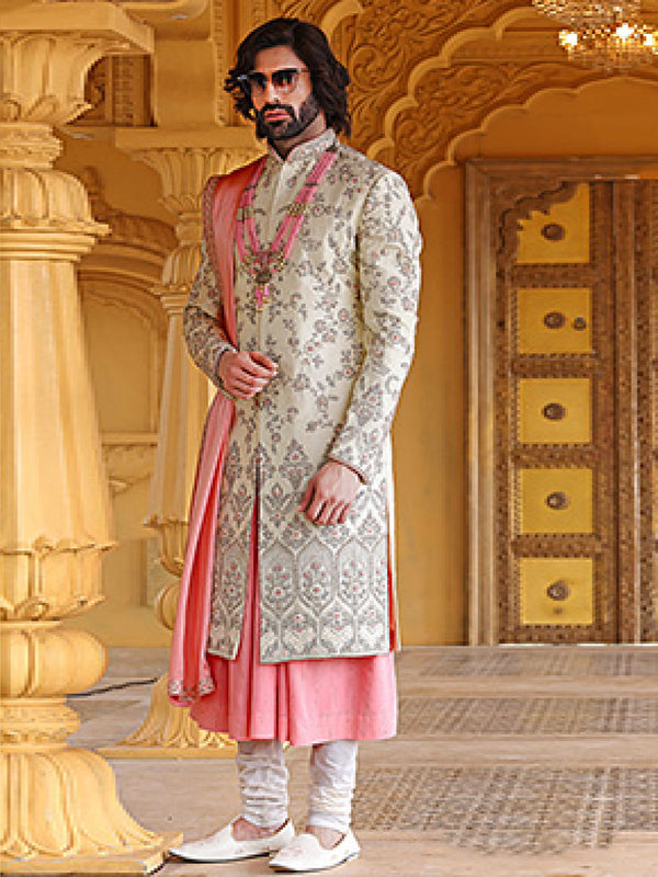 Dapper Mens Heavy Sherwani In Cream Enhanced With Pink Dupatta