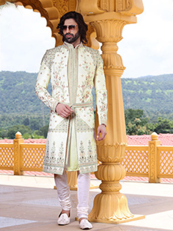 Stylish White Sherwani With A Touch Of Floral Print & Embroidery