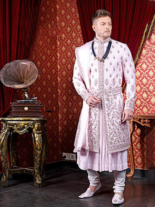 Light Pink Mens Royal Sherwani With With Ethnic Embellishments