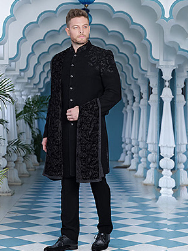 Solid Black Mens Jodhpuri Set Magnified With Self Embroidery & Dupatta