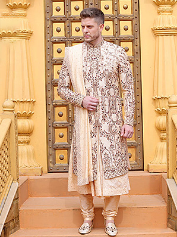 Classic Rose Pink Groom's Sherwani With Ethnic Motifs All Over