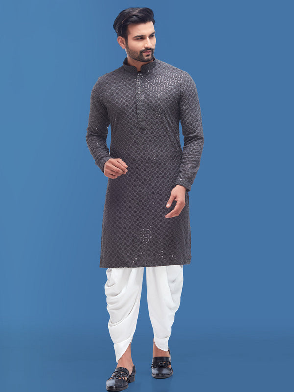 Dark Grey Gorgeous Cotton Silk Kurta with Threadwork