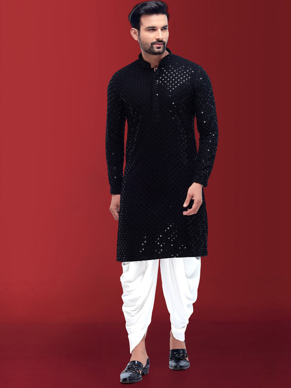 Charming Black Fitted Cotton Silk Kurta For Men