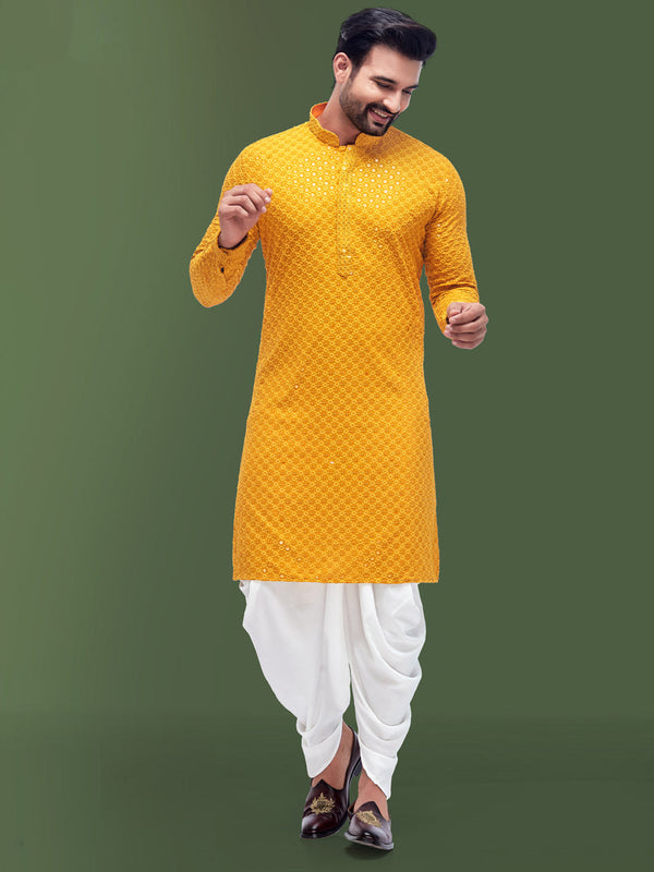 Men's Kurta In Yellow Shade with Rich Threadwork