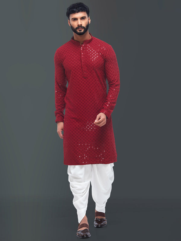 Adorable Deep Red Kurta With Self Work For Men